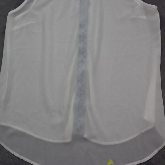 EM Shirt Womens White Blue Sleeveless Collared Button Sheer High Low Hem - Picture 14 of 15